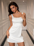 Button Embellished Zipper Satin Bodycon Dress