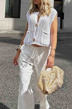Button Front Sleeveless Pocket Knit Cardigan