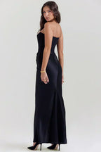 Strapless Peaked Corset Bodice Side Ruched Satin Column Maxi Gown