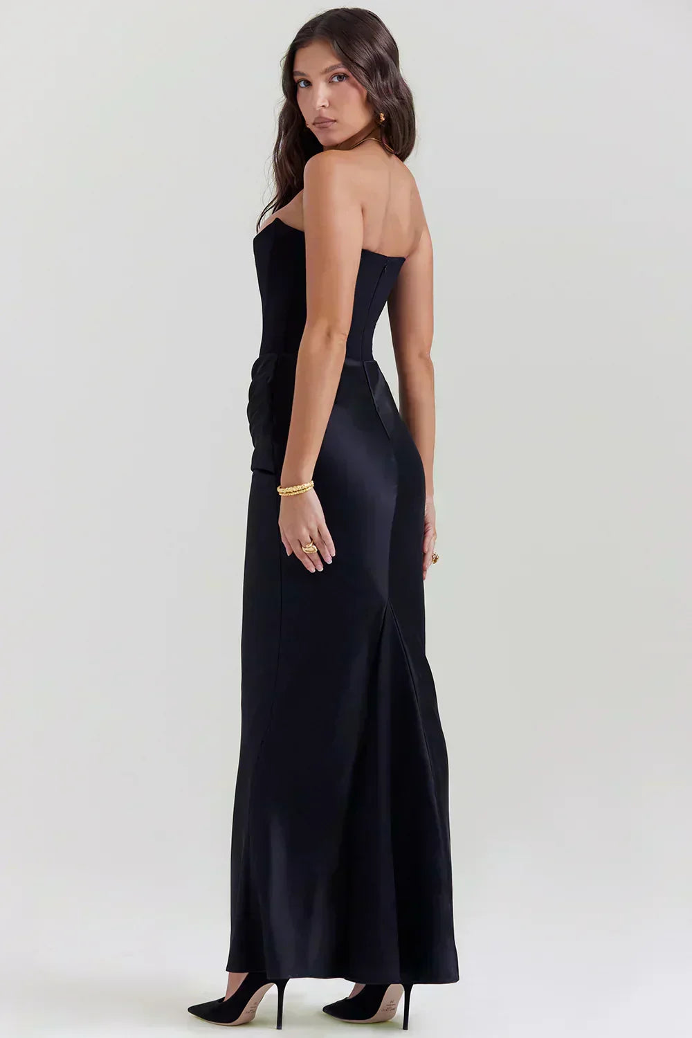 Strapless Peaked Corset Bodice Side Ruched Satin Column Maxi Gown