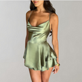 Satin Cowl Neck Spaghetti Strap Tiered Backless Mini Romper
