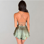 Satin Cowl Neck Spaghetti Strap Tiered Backless Mini Romper