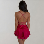 Satin Cowl Neck Spaghetti Strap Tiered Backless Mini Romper