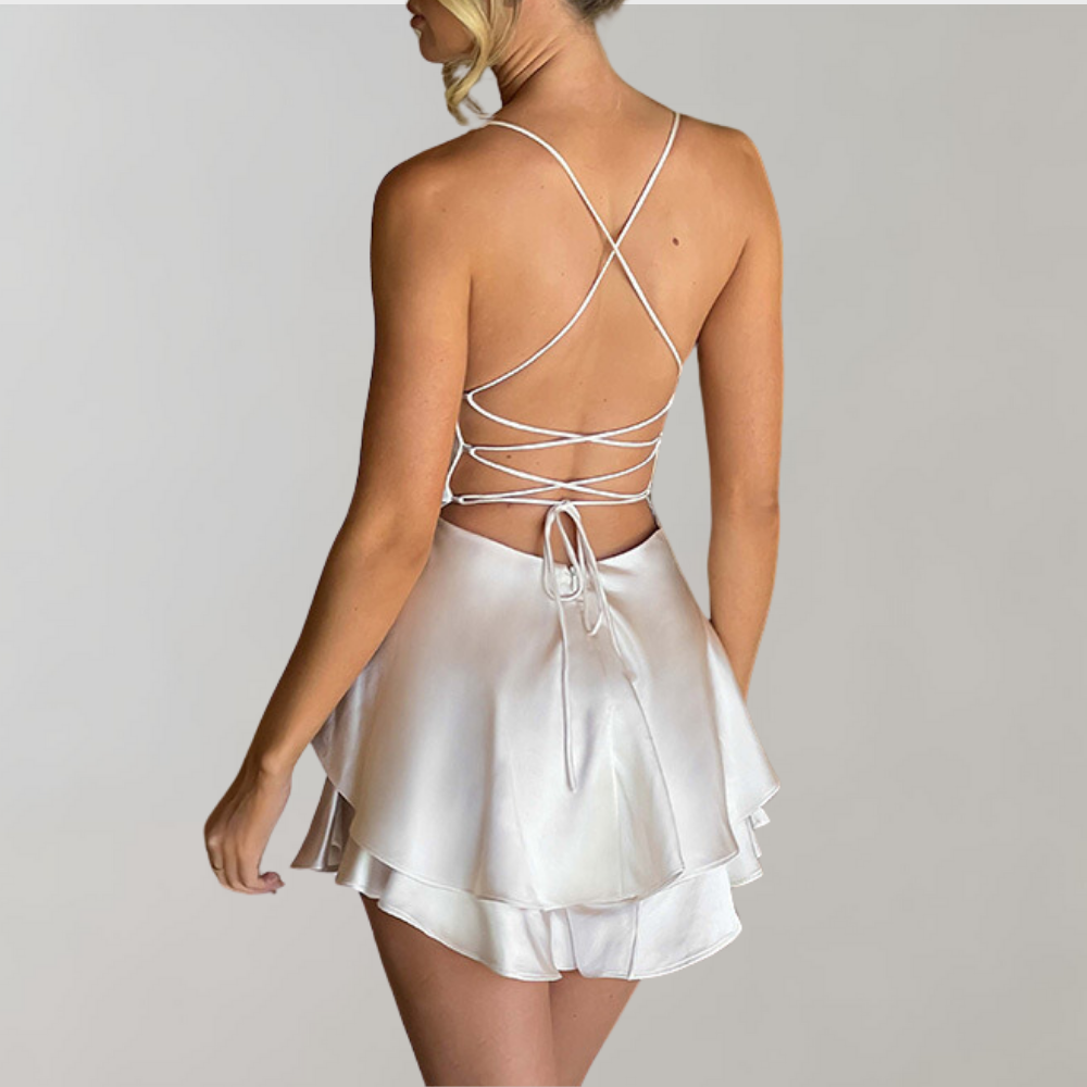 Satin Cowl Neck Spaghetti Strap Tiered Backless Mini Romper