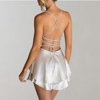 Satin Cowl Neck Spaghetti Strap Tiered Backless Mini Romper