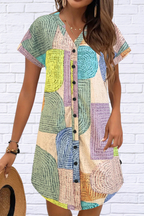 Geometric V-Neck Short Sleeve Button-Front Dress