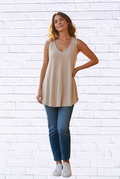 Women__ Linen-Cotton Pom-Trim Sleeveless Top _ Neutral V-Neck Summer Tank