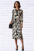Black & Ivory Floral Knit Midi Dress _ 3/4 Sleeve Stretch Bon Bon Dress