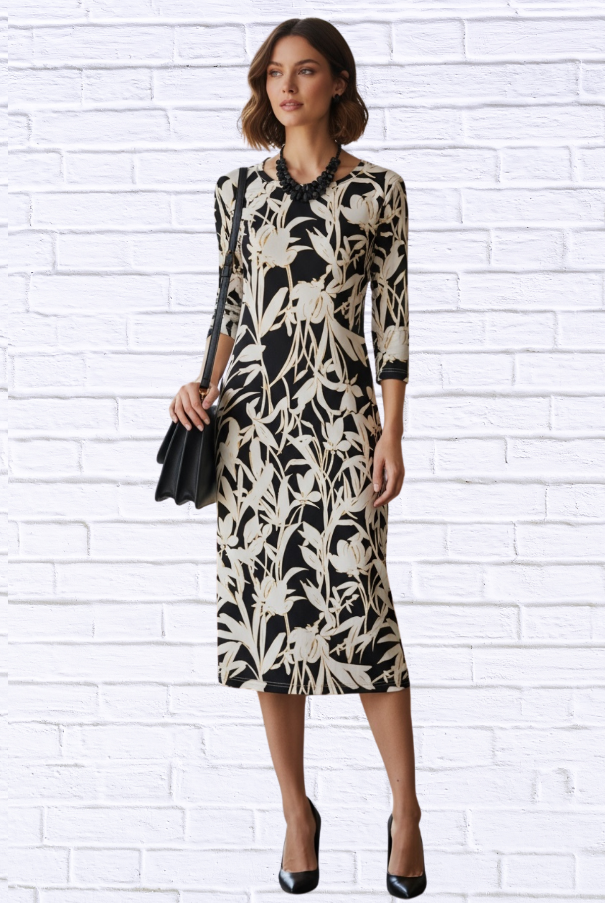 Black & Ivory Floral Knit Midi Dress _ 3/4 Sleeve Stretch Bon Bon Dress