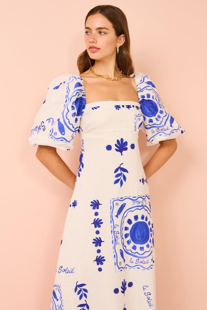 Mediterranean Graphic Print Square Neck Puff Sleeve Tiered Ruffle Hem Maxi Dress