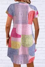 Geometric V-Neck Short Sleeve Button-Front Dress