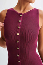 Rib Knit Sleeveless Button Front Faux Pocket Midi Dress