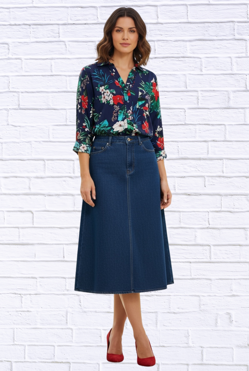 Tropical Floral Viscose Button-Up Shirt _ Collared Long Sleeve Blouse with Front Pocket