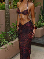 Halter Beaded Chain Print Ruched Low Rise Maxi Skirt Two Piece Set