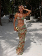 Halter Beaded Chain Print Ruched Low Rise Maxi Skirt Two Piece Set