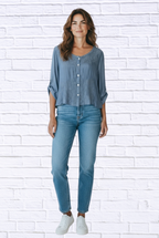 Silk-Lined Embroidered Button-Up Blouse _ 3/4 Sleeve Round Neck Elegant Top
