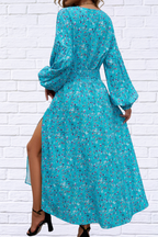 Split Printed Surplice Long Sleeve Midi Dress