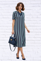 Striped Knit Bon Bon Dress _ Short Sleeve Midi Dress with Stretch Comfort