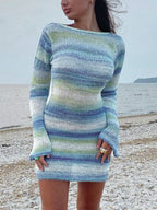 Backless Long Sleeve Striped Knit Mini Dress