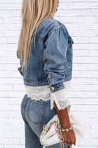 Cropped Denim Jacket with Lace Trim