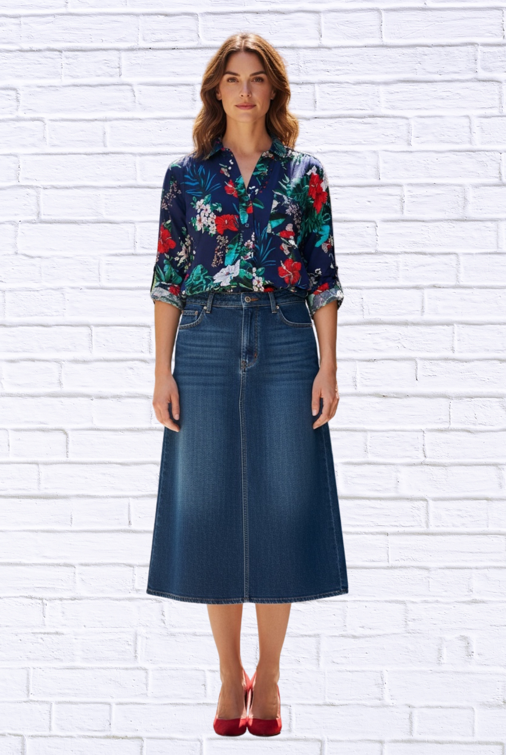 Tropical Floral Viscose Button-Up Shirt _ Collared Long Sleeve Blouse with Front Pocket
