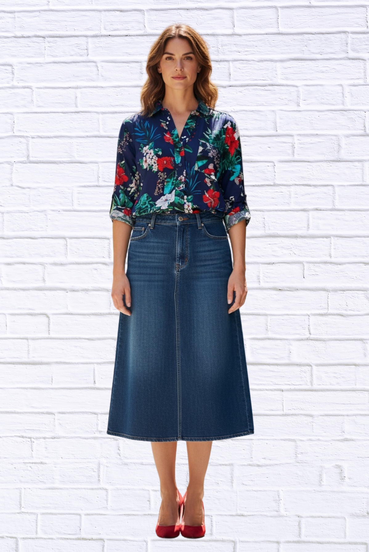 Tropical Floral Viscose Button-Up Shirt _ Collared Long Sleeve Blouse with Front Pocket