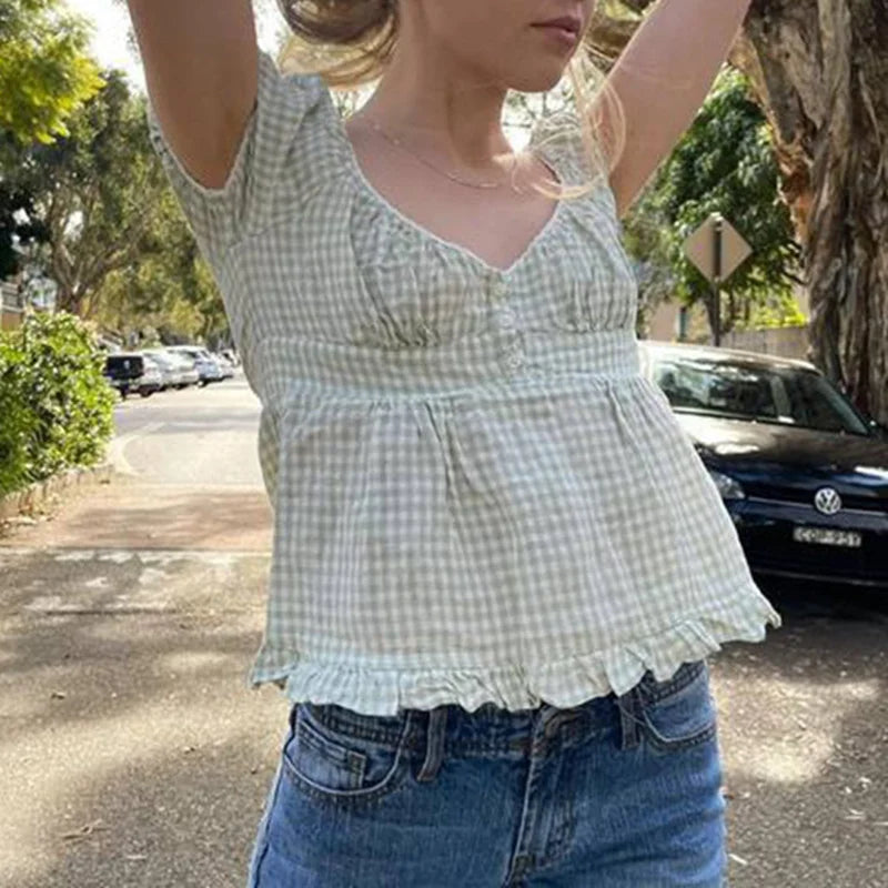 Grunge Lace Crop Y2K Vintage Square Neck Short Sleeve Sweet Sexy Gothic T-shirts