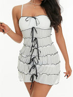 Sheer Tiered Ruffle Lettuce Trim Bow Spaghetti Strap Mini Dress