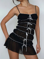 Sheer Tiered Ruffle Lettuce Trim Bow Spaghetti Strap Mini Dress