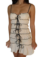 Ruched Bow Front Spaghetti Strap Tiered Bodycon Mini Dress