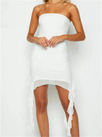 Strapless Rib Knit Mesh Lettuce Ruffle Asymmetric Hem Mini Dress