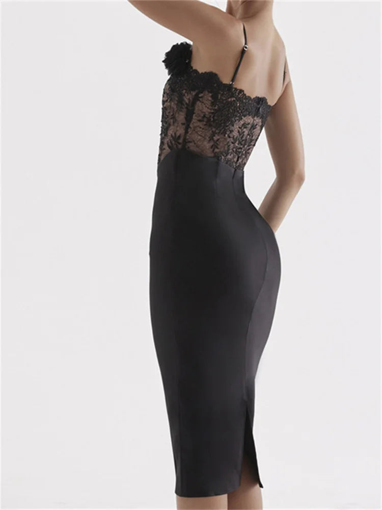 Lace Illusion Bodice Floral Applique Spaghetti Strap Bodycon Midi Dress