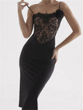 Lace Illusion Bodice Floral Applique Spaghetti Strap Bodycon Midi Dress