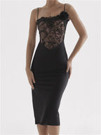 Lace Illusion Bodice Floral Applique Spaghetti Strap Bodycon Midi Dress