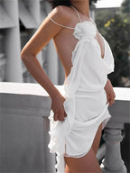 Satin Cowl Neck Spaghetti Strap Rosette Ruffle Trim Bodycon Mini Dress