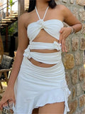 Halter Neck 3D Floral Applique Cut Out Ruched Asymmetric Hem Mini Dress