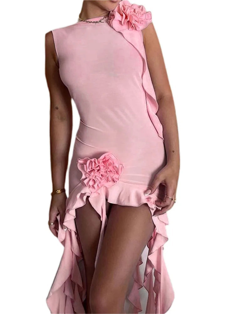 Sheer Mesh Ruched Jewel Neck 3D Flower Applique Asymmetric Ruffle Hem Mini Dress