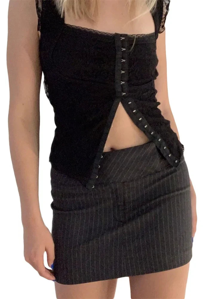 90s Vintage Black Lace Corsets Chic Retro Y2K Fiarycore Grunge Vest Sexy Buttons Up Slim Fit Clubwear Crop Top