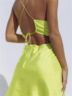 Satin Cowl Neck Spaghetti Strap Waist Cut Out Mini Dress