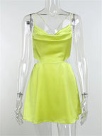 Satin Cowl Neck Spaghetti Strap Waist Cut Out Mini Dress