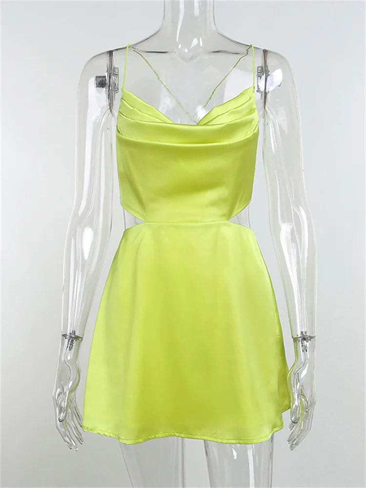 Satin Cowl Neck Spaghetti Strap Waist Cut Out Mini Dress