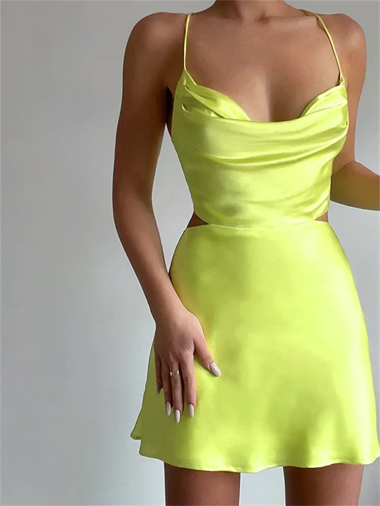 Satin Cowl Neck Spaghetti Strap Waist Cut Out Mini Dress