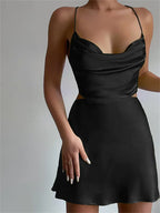 Satin Cowl Neck Spaghetti Strap Waist Cut Out Mini Dress