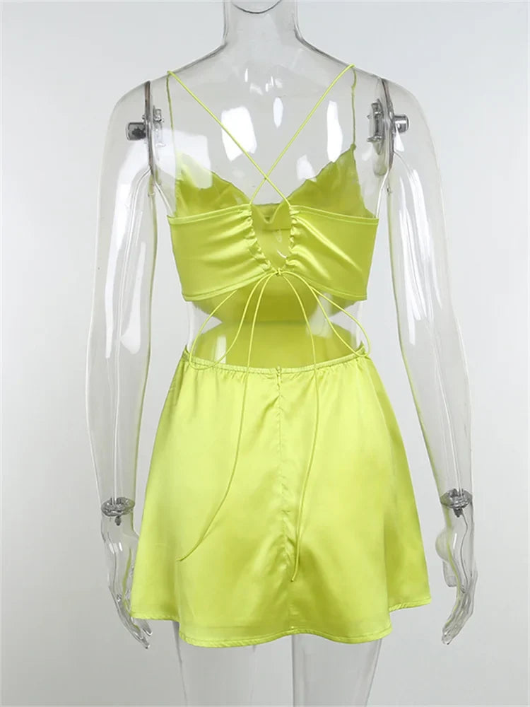 Satin Cowl Neck Spaghetti Strap Waist Cut Out Mini Dress