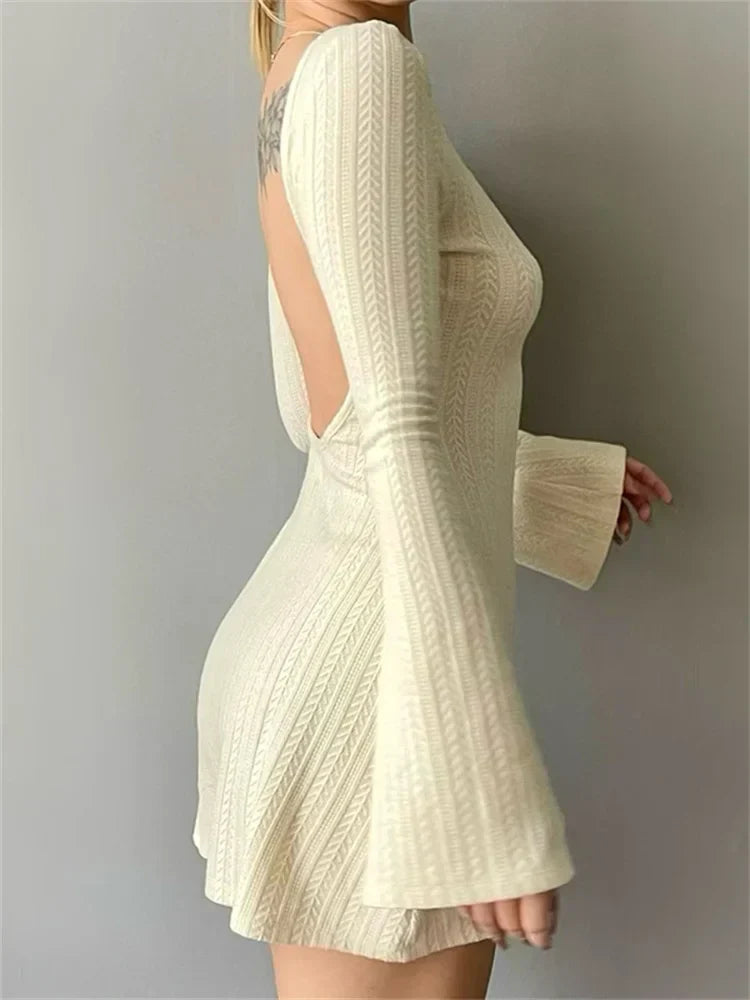 Cable Knit Boat Neck Bell Sleeve Bodycon Mini Dress