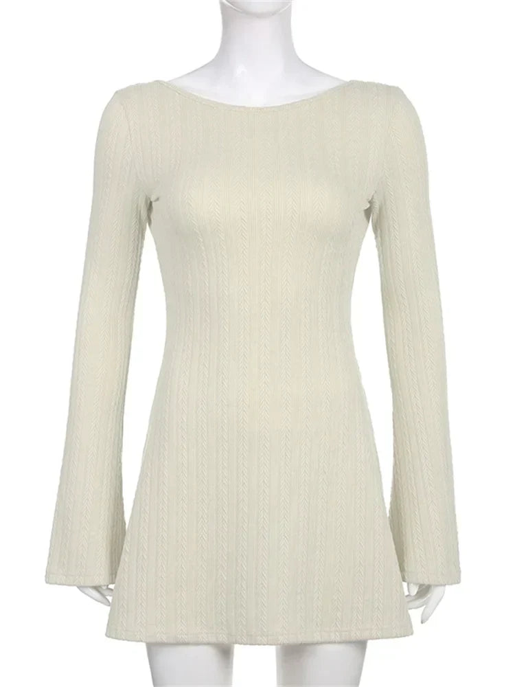 Cable Knit Boat Neck Bell Sleeve Bodycon Mini Dress