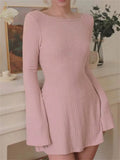 Cable Knit Boat Neck Bell Sleeve Bodycon Mini Dress