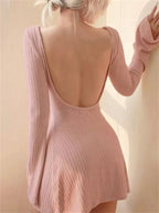 Cable Knit Boat Neck Bell Sleeve Bodycon Mini Dress