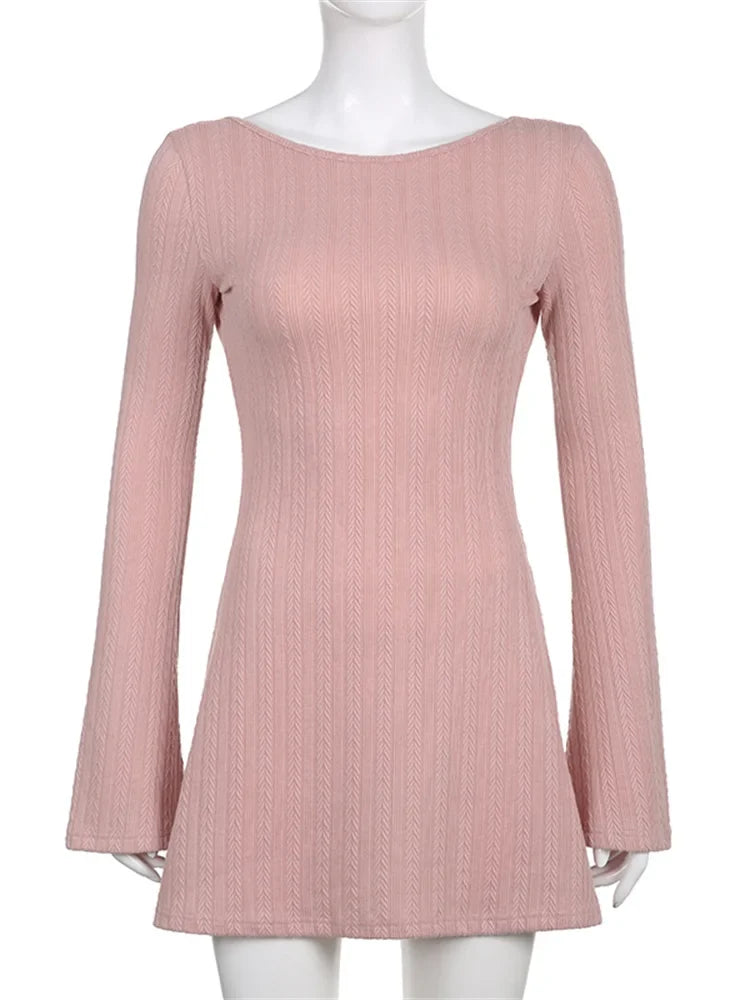 Cable Knit Boat Neck Bell Sleeve Bodycon Mini Dress