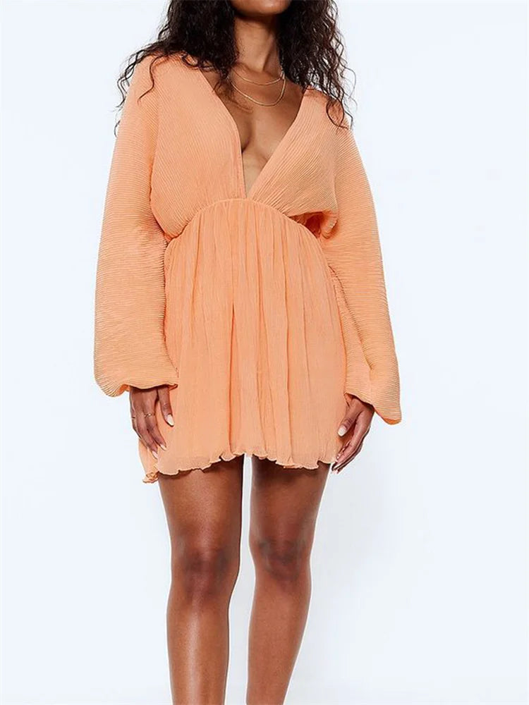 Plissé Deep V-Neck Bell Sleeve Empire Waist Mini Dress